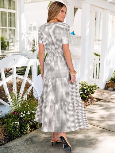 Caracilia Women's Summer Short Sleeve V-Neck Maxi Dress, Gingham & Striped Fabric, Casual A-Line Dress for Beach & Vacation Gray Brown Gingham Large - Image 5
