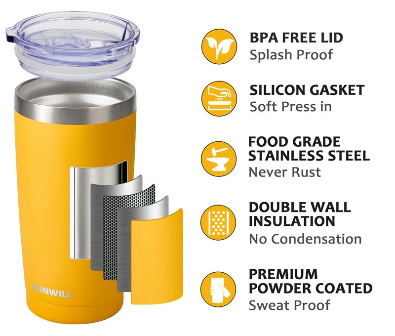 SUNWILL SUNWILL 20oz Tumbler with Lid  Stainless Steel Vacuum Insulated Double Wall Travel Tumbler  Durable Insulated Coffee Mug  Powder Coated Yellow  Thermal Cup with Splash Proof Sliding Lid - Image 2