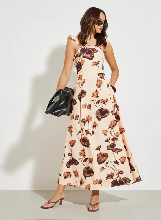 Styli Beige Floral Print Maxi Dress