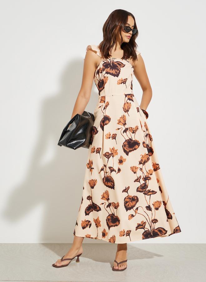 Styli Beige Floral Print Maxi Dress - Image 1