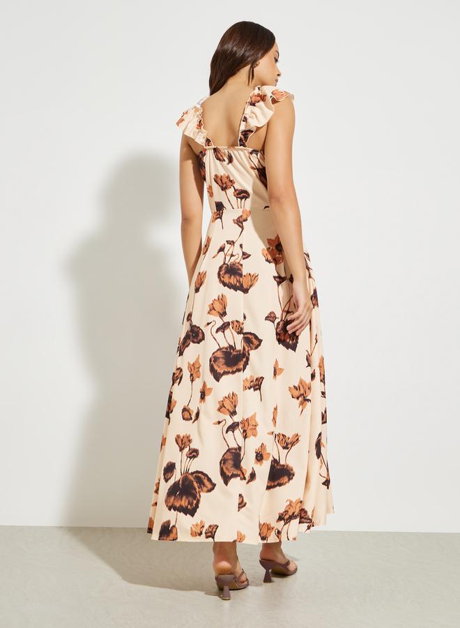 Styli Beige Floral Print Maxi Dress - Image 3