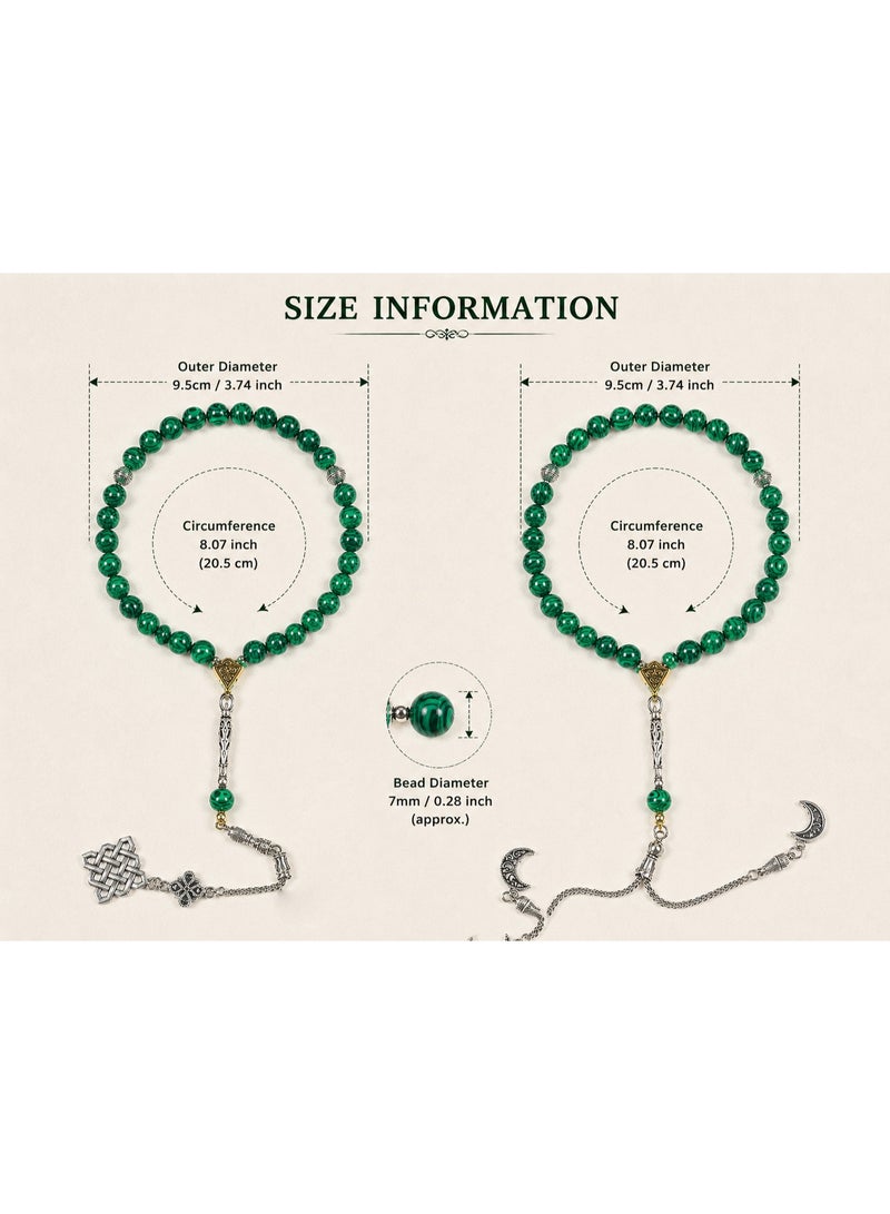 TranquilBeads 2 PCS Malachite Style Tasbih Set 33 Beads 7mm, Green Marble Prayer Beads for Men, Handmade Misbaha Set with Silver Tassels, Elegant Ramadan Eid Gift - Image 5