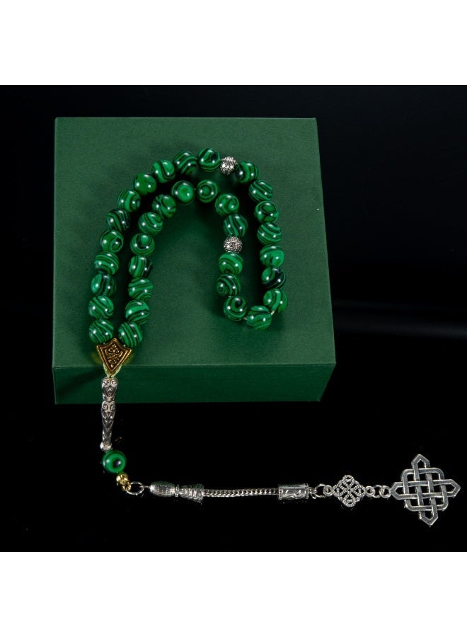 TranquilBeads 2 PCS Malachite Style Tasbih Set 33 Beads 7mm, Green Marble Prayer Beads for Men, Handmade Misbaha Set with Silver Tassels, Elegant Ramadan Eid Gift - Image 3