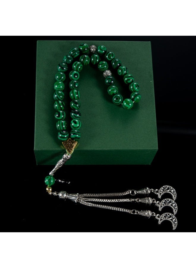 TranquilBeads 2 PCS Malachite Style Tasbih Set 33 Beads 7mm, Green Marble Prayer Beads for Men, Handmade Misbaha Set with Silver Tassels, Elegant Ramadan Eid Gift - Image 4