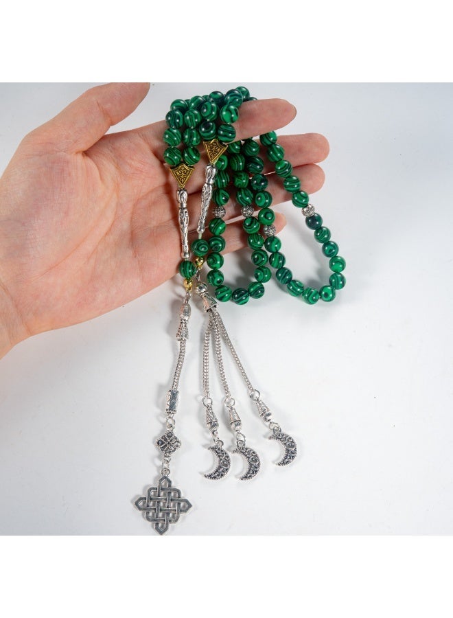 TranquilBeads 2 PCS Malachite Style Tasbih Set 33 Beads 7mm, Green Marble Prayer Beads for Men, Handmade Misbaha Set with Silver Tassels, Elegant Ramadan Eid Gift - Image 2