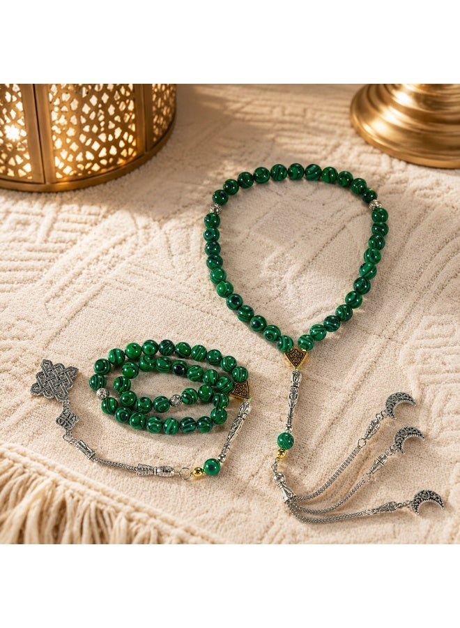 TranquilBeads 2 PCS Malachite Style Tasbih Set 33 Beads 7mm, Green Marble Prayer Beads for Men, Handmade Misbaha Set with Silver Tassels, Elegant Ramadan Eid Gift - Image 1