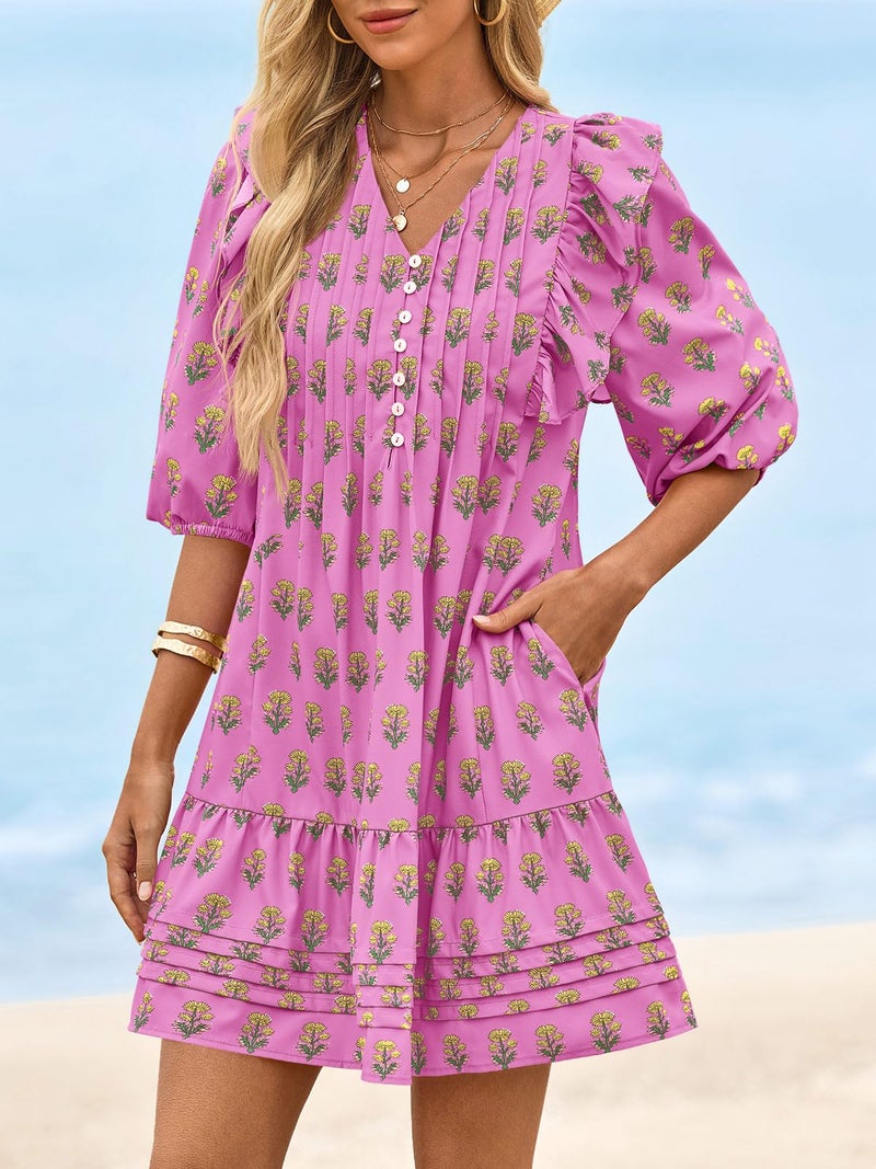 Wenrine Womens Mini Dresses Casual Ruffle 3/4 Lantern Sleeve Floral V Neck Loose Boho Babydoll Dress Pink - Image 5