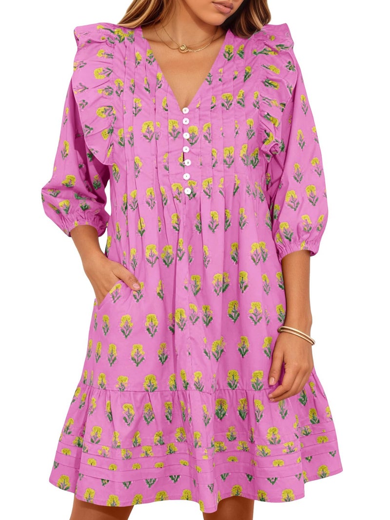 Wenrine Womens Mini Dresses Casual Ruffle 3/4 Lantern Sleeve Floral V Neck Loose Boho Babydoll Dress Pink - Image 1
