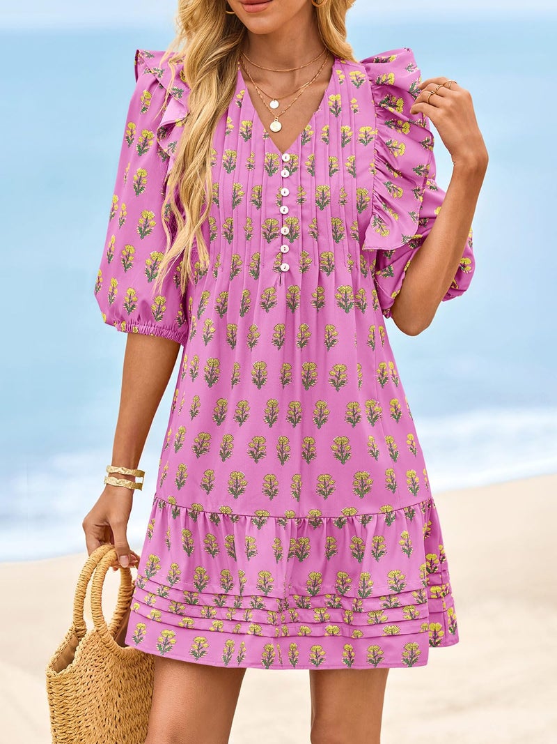 Wenrine Womens Mini Dresses Casual Ruffle 3/4 Lantern Sleeve Floral V Neck Loose Boho Babydoll Dress Pink - Image 3