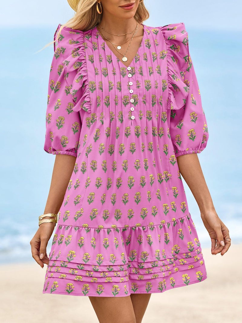 Wenrine Womens Mini Dresses Casual Ruffle 3/4 Lantern Sleeve Floral V Neck Loose Boho Babydoll Dress Pink - Image 4