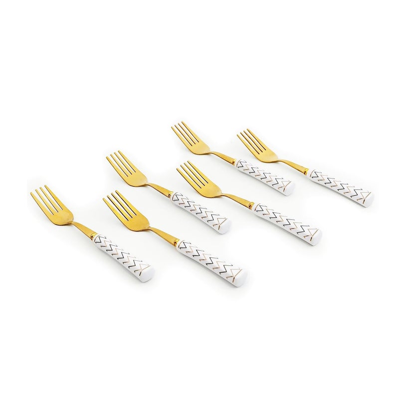 MGeezz Chevron Golden Stainless Steel Forks with Ceramic Handle and Smooth Edges for Home and Restaurant with Elegant Design for Your Tableware Big Forks Set of 6 - Image 1