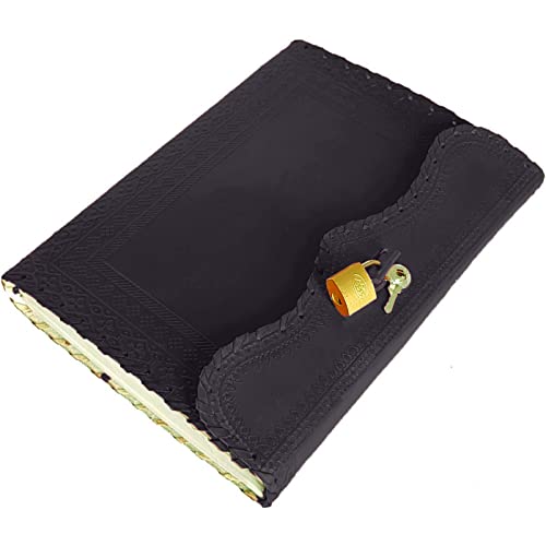 jaald 10" Leather Journal with lock Writing Pad Blank Notebook Handmade Notepad Men & Women Unlined Paper Best Present Art Sketchbook Travel Diary To Write Book Of Shadow Refillable Grimoire Black - Image 2