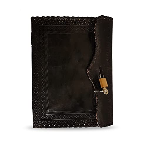jaald 10" Leather Journal with lock Writing Pad Blank Notebook Handmade Notepad Men & Women Unlined Paper Best Present Art Sketchbook Travel Diary To Write Book Of Shadow Refillable Grimoire Black - Image 1