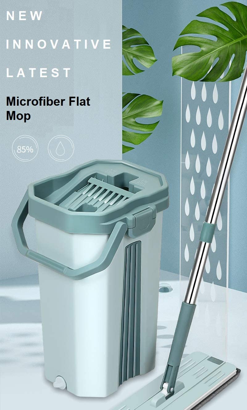 XML Mop Flat Floor Cleaner Hands Free Squeeze Microfiber 360 Flexible Head with 1 Super Absorbent Microfiber Pads for Home and Kitchen Extended Long Stainless Steel Handle Green - Image 2