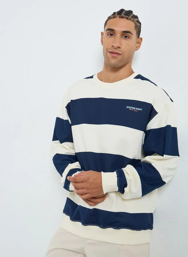Men Navy Blue Striped Fleece Sweatshirt