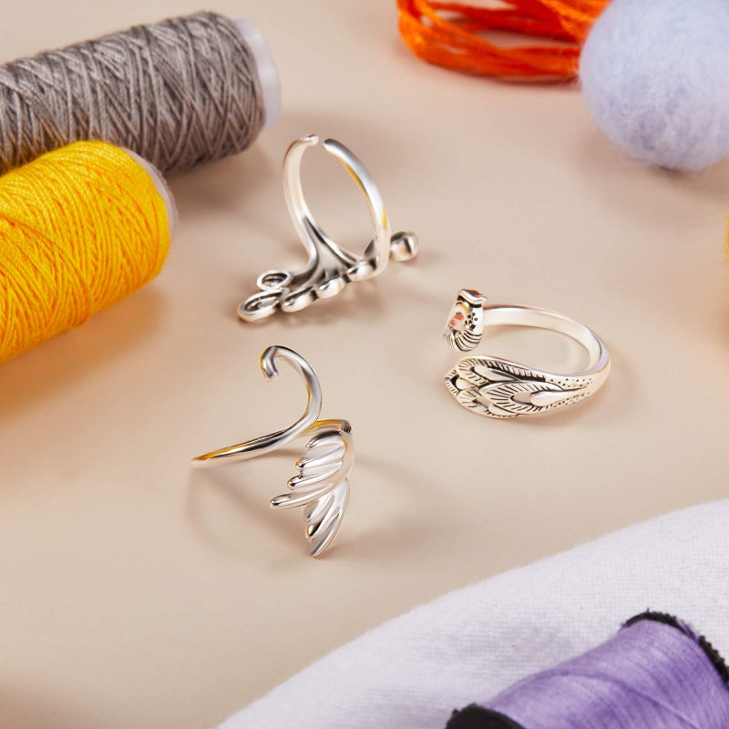 Yaomiao 6 Pieces Crochet Rings for Finger Adjustable Peacock Yarn Tension Silver Knitting Rings for Crocheting Mother Grandma Christmas Presents, 3 Styles - Image 5