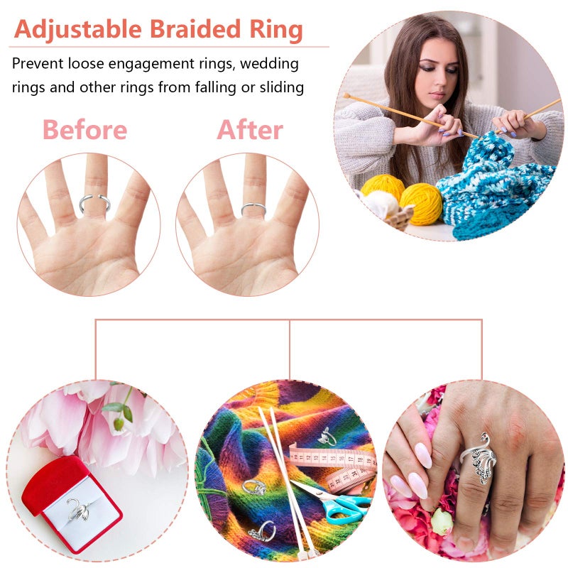 Yaomiao 6 Pieces Crochet Rings for Finger Adjustable Peacock Yarn Tension Silver Knitting Rings for Crocheting Mother Grandma Christmas Presents, 3 Styles - Image 3
