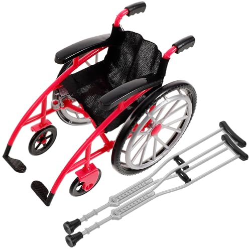DOITOOL Mini Wheelchair Crutch Props Realistic Doll Wheelchair Figurine Decorative Miniature Crutch Dollhouse Accessory for Playset red - Image 1