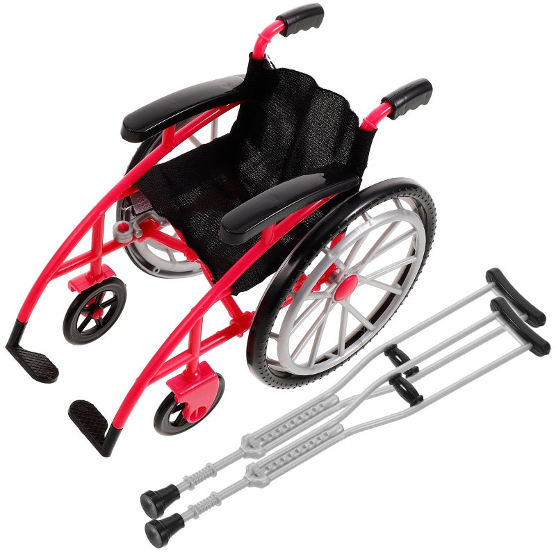 DOITOOL Mini Wheelchair Crutch Props Realistic Doll Wheelchair Figurine Decorative Miniature Crutch Dollhouse Accessory for Playset red - Image 3