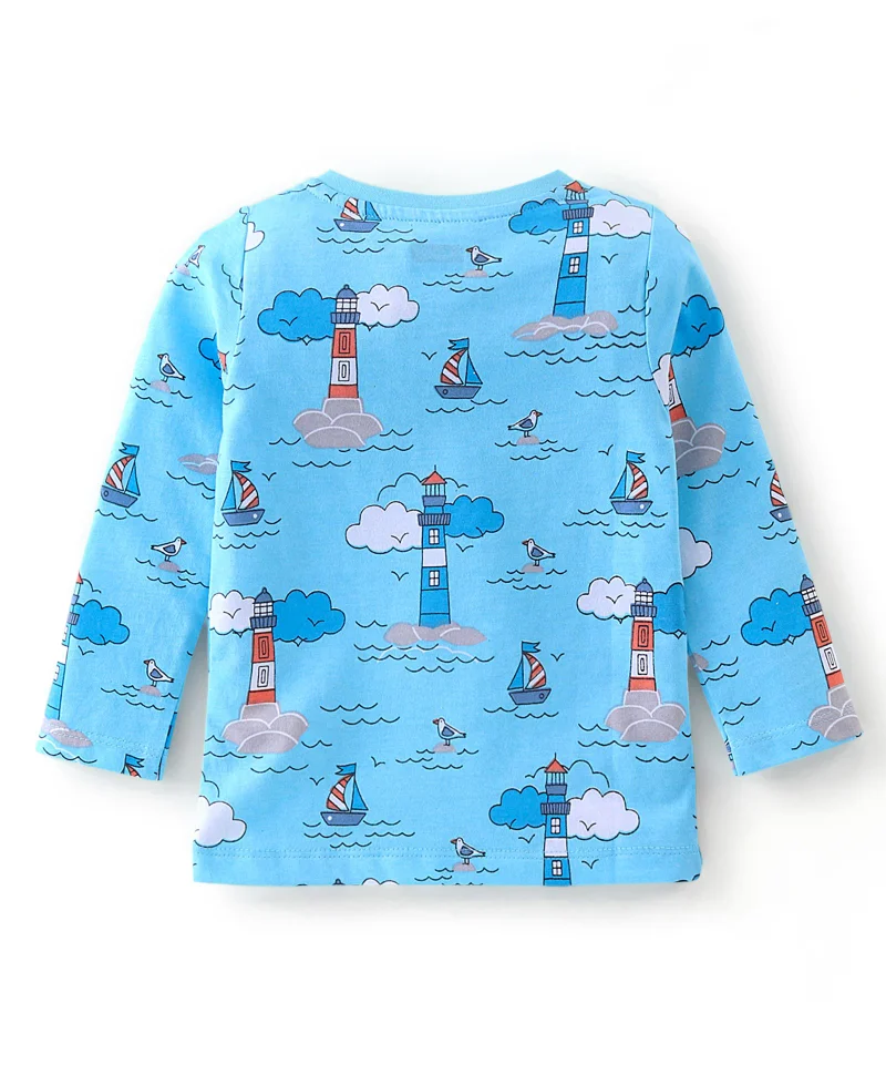 babyhug Babyhug Cotton Knit Full Sleeves Light House Graphics T-Shirt - Blue