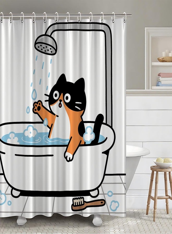 THISFIND Hand Drawn Cat in Tub Shower Curtain- Whimsical Cartoon Cat Bathing with Scrub Brush, Waterproof Bathroom Decor Set with Hooks 72x72 Inches - Image 2
