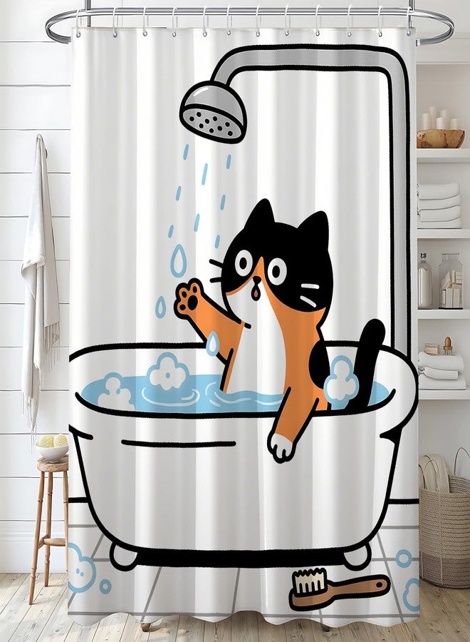 THISFIND Hand Drawn Cat in Tub Shower Curtain- Whimsical Cartoon Cat Bathing with Scrub Brush, Waterproof Bathroom Decor Set with Hooks 72x72 Inches - Image 1