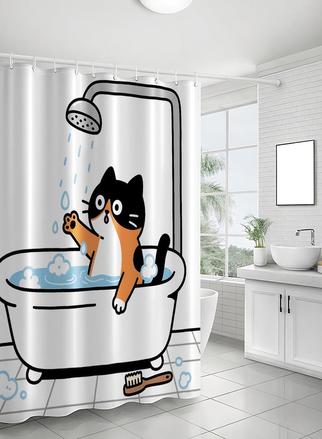 THISFIND Hand Drawn Cat in Tub Shower Curtain- Whimsical Cartoon Cat Bathing with Scrub Brush, Waterproof Bathroom Decor Set with Hooks 72x72 Inches - Image 3