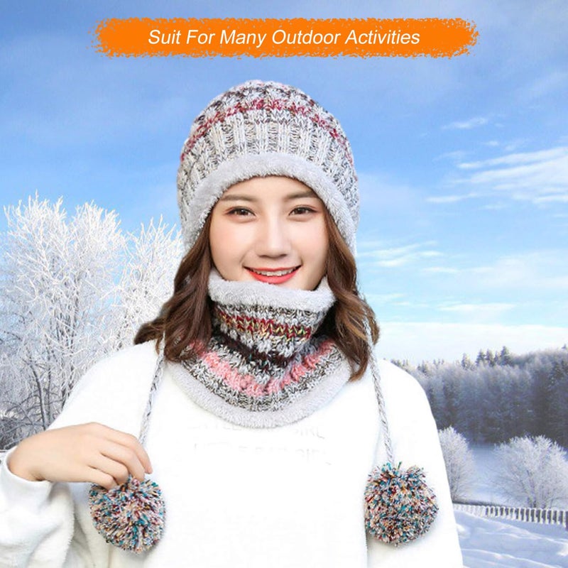 HUAMULAN Women Winter Beanie Hat Circle Scarf Set Pompoms Peruvian Ski Snow Ear Flaps Sherpa Knit Hats Fleece Lined Slouchy, Fits Small to Medium Head - Image 5