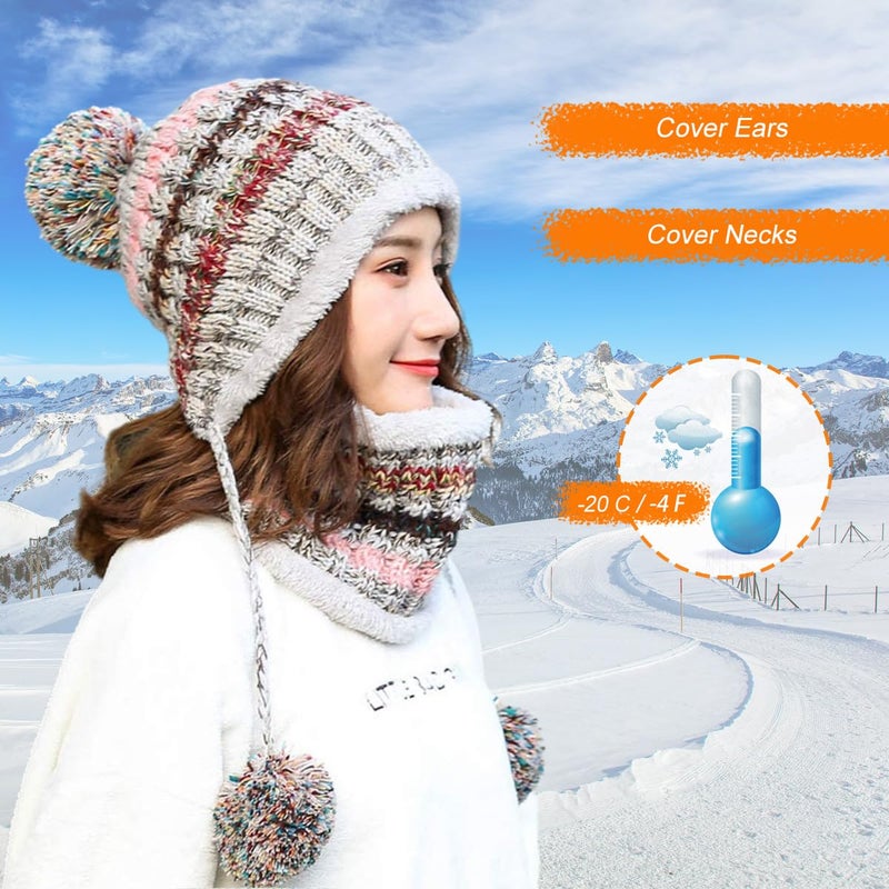 HUAMULAN Women Winter Beanie Hat Circle Scarf Set Pompoms Peruvian Ski Snow Ear Flaps Sherpa Knit Hats Fleece Lined Slouchy, Fits Small to Medium Head - Image 3