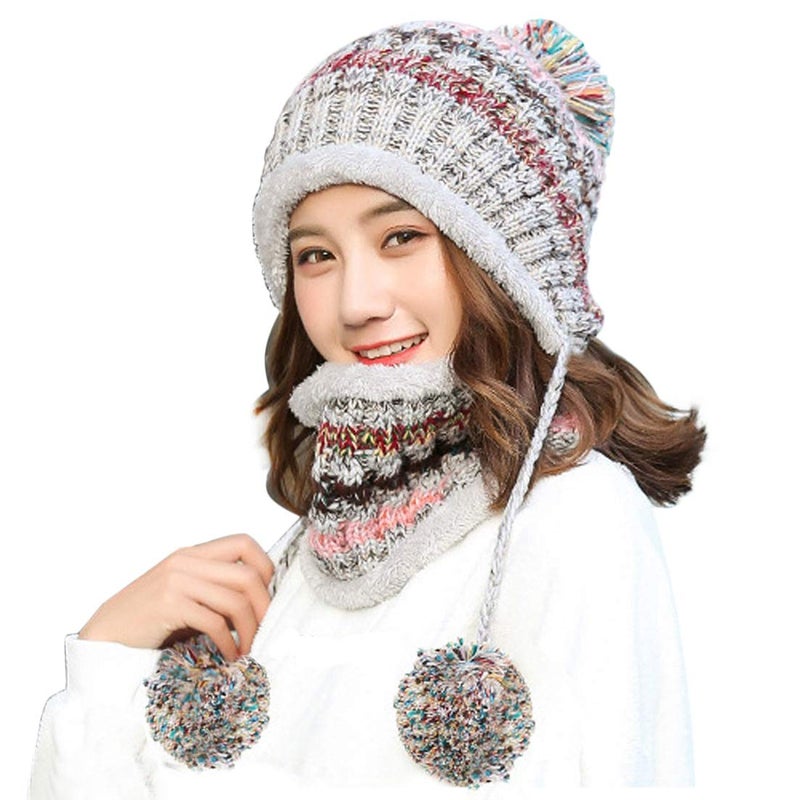 HUAMULAN Women Winter Beanie Hat Circle Scarf Set Pompoms Peruvian Ski Snow Ear Flaps Sherpa Knit Hats Fleece Lined Slouchy, Fits Small to Medium Head - Image 1
