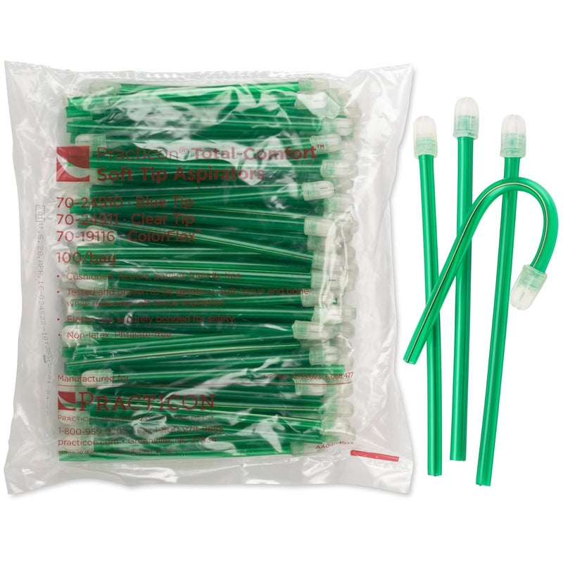 Practicon 7019116 GRE Total Comfort Colorflex Disposable Saliva Ejector, Green, Pack of 100 - Image 1