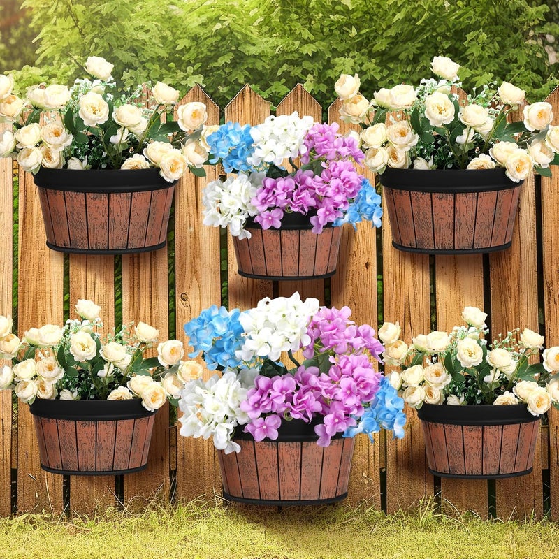 Layhit 6 Pcs Wall Hanging Planters Outdoor Pot Planter Wine Barrel Planter Distressed Oak Thickened Plastic Water Storage Flower Pots for Flower Indoor Outdoor(12 Inches, 10 Inches,Brown) - Image 1