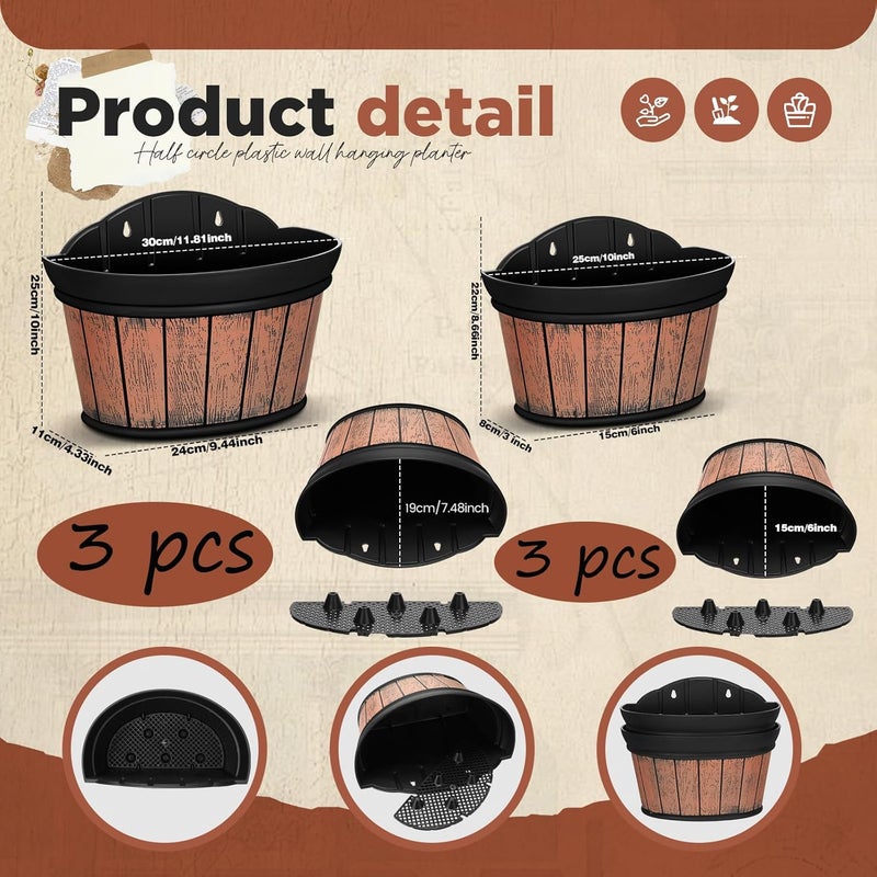 Layhit 6 Pcs Wall Hanging Planters Outdoor Pot Planter Wine Barrel Planter Distressed Oak Thickened Plastic Water Storage Flower Pots for Flower Indoor Outdoor(12 Inches, 10 Inches,Brown) - Image 2