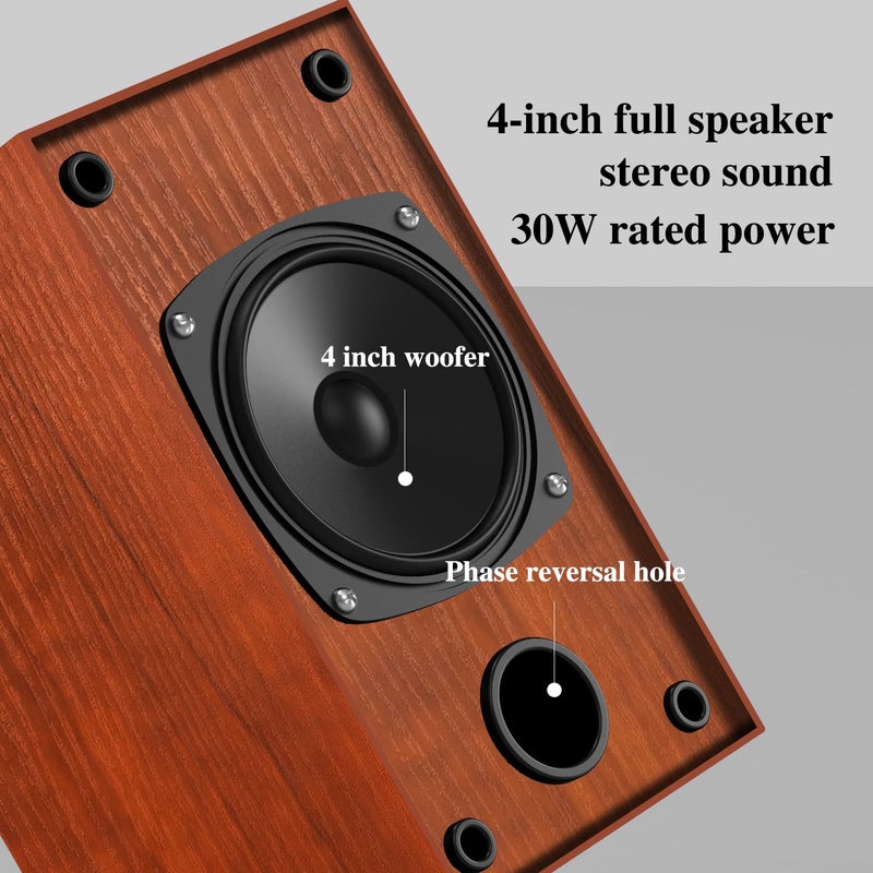 Elimavi Powered Bookshelf Speakers, 30W X 2 Turntable Speakers with 4 Inch Woofer, Record Player Speakers with AUX Input for PC and TVs,Wood Grain Color for Wall Mounting - Image 2