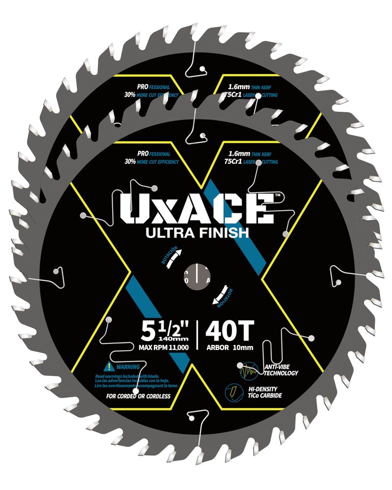 UXACE 5-1/2-Inch 40-Tooth Circular Saw Blade with 10 mm Arbor, Ultra Finish Wood Cutting, Carbide Tip, Thin Kerf, for Plywood, MDF, OSB, Laminated, 2 Pack - Image 1