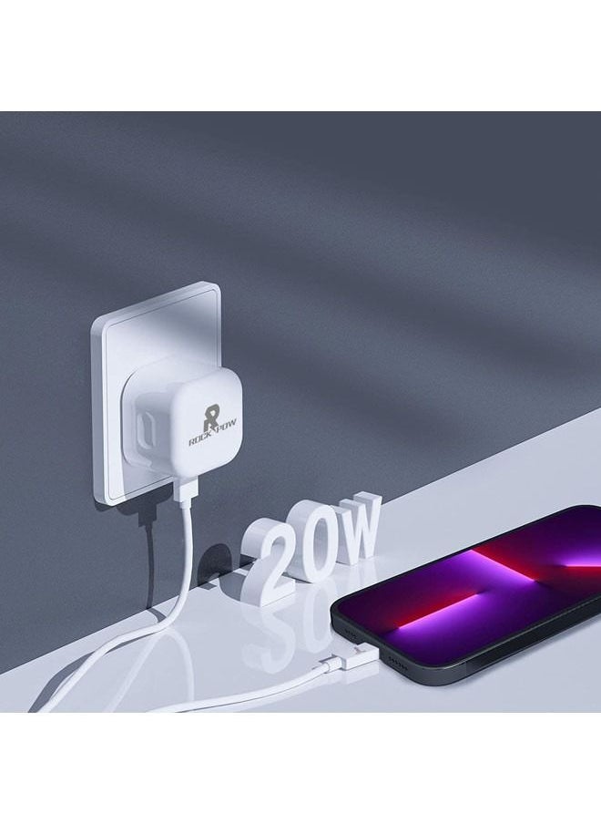 روك بو - 20W UK Type C محول شاحن سريعشاحن ROCK POW iPhone من النوع C PD 20W سريع USB C شاحن iPhone 16 رأس شاحن سريع من النوع C قابس طاقة محول سفر عالمي قابس USB-C لـ iPhone 16/16 Pro Max/16 Pro/16Plus/15/14/13/12، إلخ - Image 1