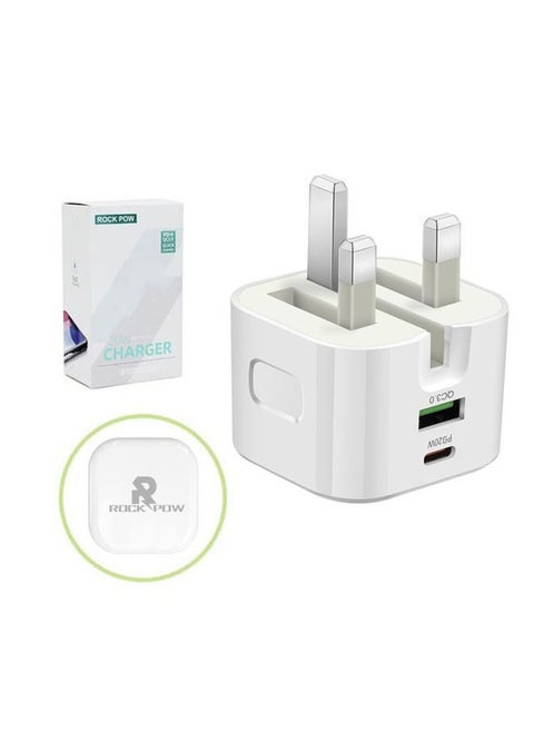 20W UK Type C محول شاحن سريعشاحن ROCK POW iPhone من النوع C PD 20W سريع USB C شاحن iPhone 16 رأس شاحن سريع من النوع C قابس طاقة محول سفر عالمي قابس USB-C لـ iPhone 16/16 Pro Max/16 Pro/16Plus/15/14/13/12، إلخ