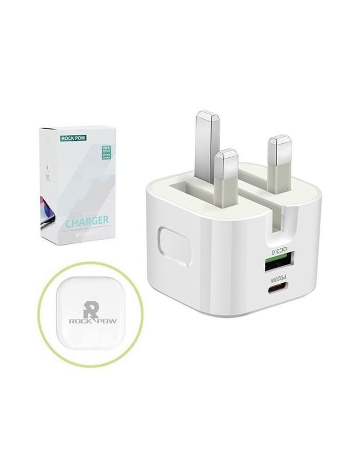 روك بو - 20W UK Type C محول شاحن سريعشاحن ROCK POW iPhone من النوع C PD 20W سريع USB C شاحن iPhone 16 رأس شاحن سريع من النوع C قابس طاقة محول سفر عالمي قابس USB-C لـ iPhone 16/16 Pro Max/16 Pro/16Plus/15/14/13/12، إلخ - Image 1