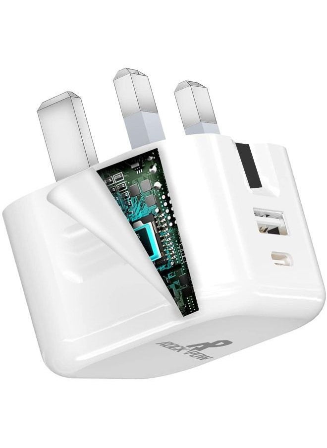 روك بو - 20W UK Type C محول شاحن سريعشاحن ROCK POW iPhone من النوع C PD 20W سريع USB C شاحن iPhone 16 رأس شاحن سريع من النوع C قابس طاقة محول سفر عالمي قابس USB-C لـ iPhone 16/16 Pro Max/16 Pro/16Plus/15/14/13/12، إلخ - Image 1