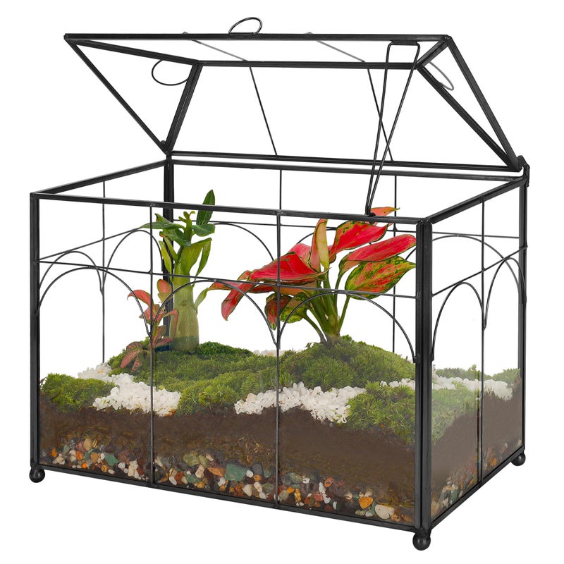 REDHUGO Handmade Glass Planter Terrarium with Lid, Indoor Tabletop Centerpiece Display Box Modern Decor DIY Gift Plant Terrarium Container for Succulent Cacti Air Plants Flower (Black) - Image 1