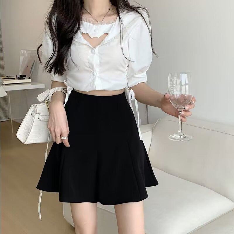 ins umbrella skirt Lotus high waist slimming skirt student small 23-Side womens high waist A- line new 20-piece autumn Black - Image 3