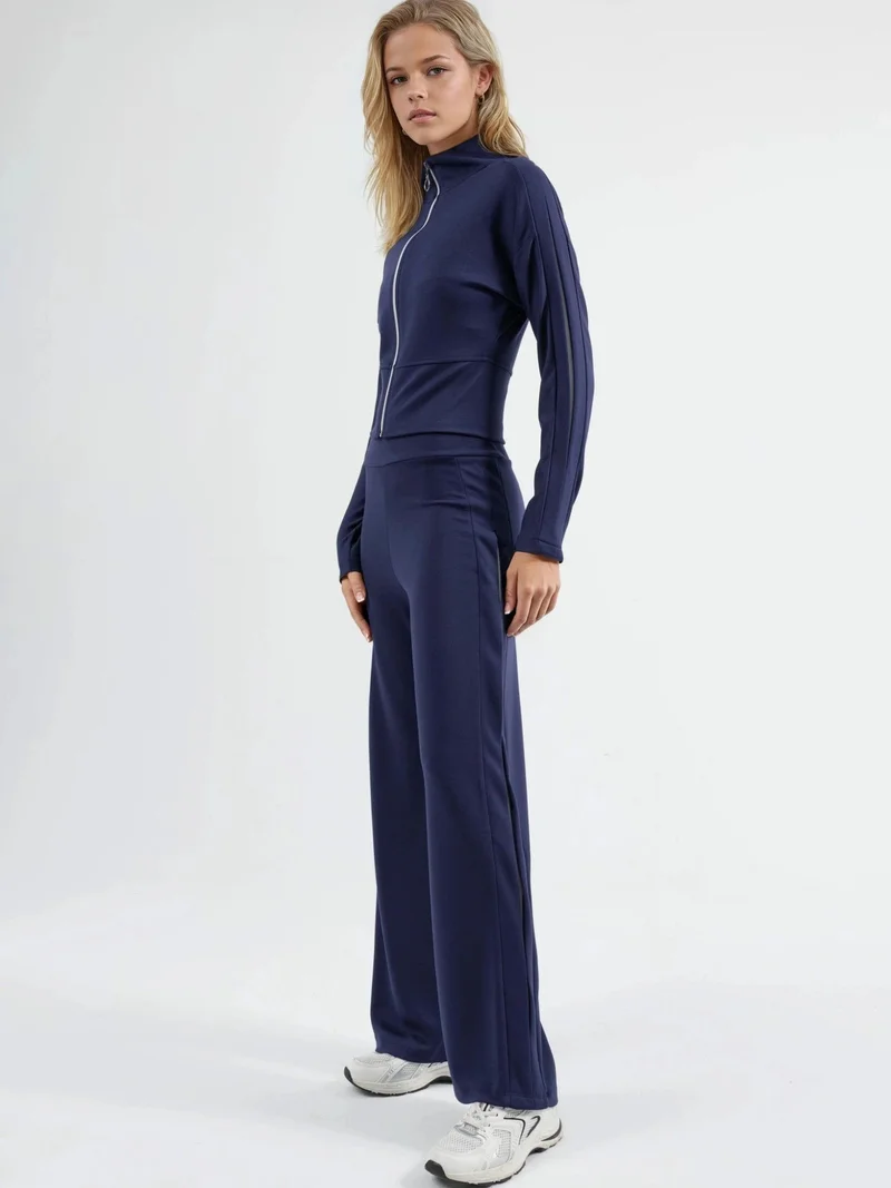 زوبعة Modal Touch High Waist Wide Leg Two-Piece Set with Zipper Collar Bersan Collection