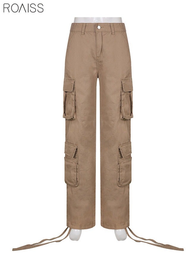 roaiss Women's Multi Pocket Work Pants Hip Hop Style Multi Pocket Low Waist Casual Pants (Khaki/XL)  - Image 5