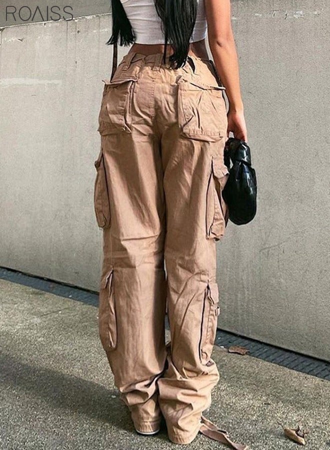 roaiss Women's Multi Pocket Work Pants Hip Hop Style Multi Pocket Low Waist Casual Pants (Khaki/XL)  - Image 4