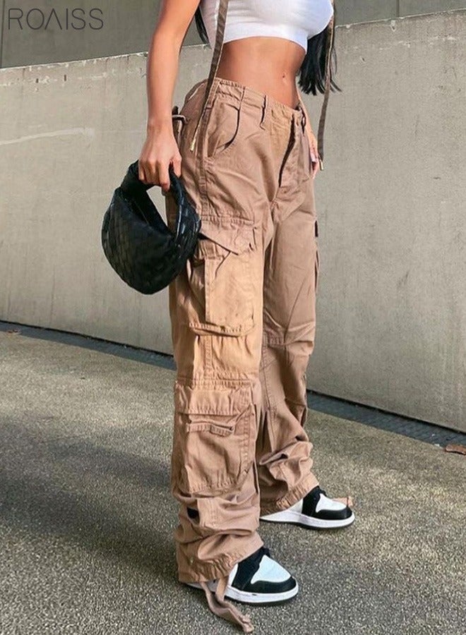 roaiss Women's Multi Pocket Work Pants Hip Hop Style Multi Pocket Low Waist Casual Pants (Khaki/XL)  - Image 3