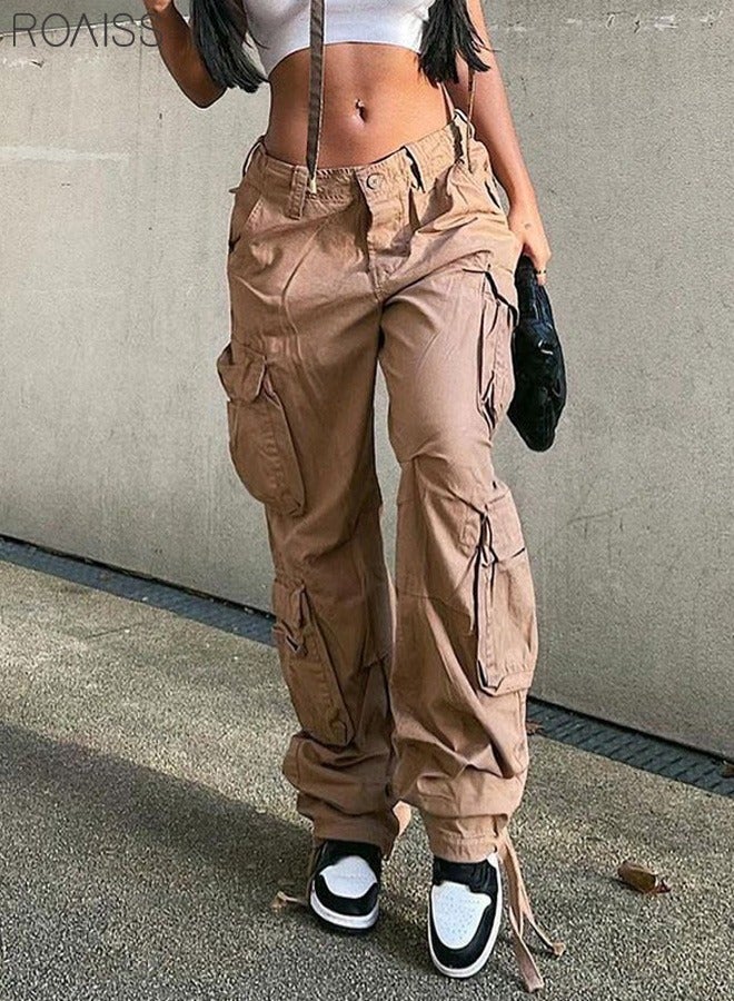 roaiss Women's Multi Pocket Work Pants Hip Hop Style Multi Pocket Low Waist Casual Pants (Khaki/XL)  - Image 1