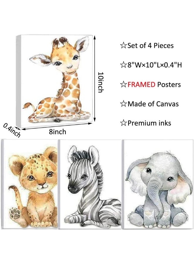 Kiddale Safari Animals Nursery Decor, Pack of 4 | 8"x10", Framed Watercolor Jungle Baby Animals Bedroom Wall Art, Tropical Animal Canvas Print Posters for Living Room Boys Girls Bedroom Nursery Decorations - Image 4
