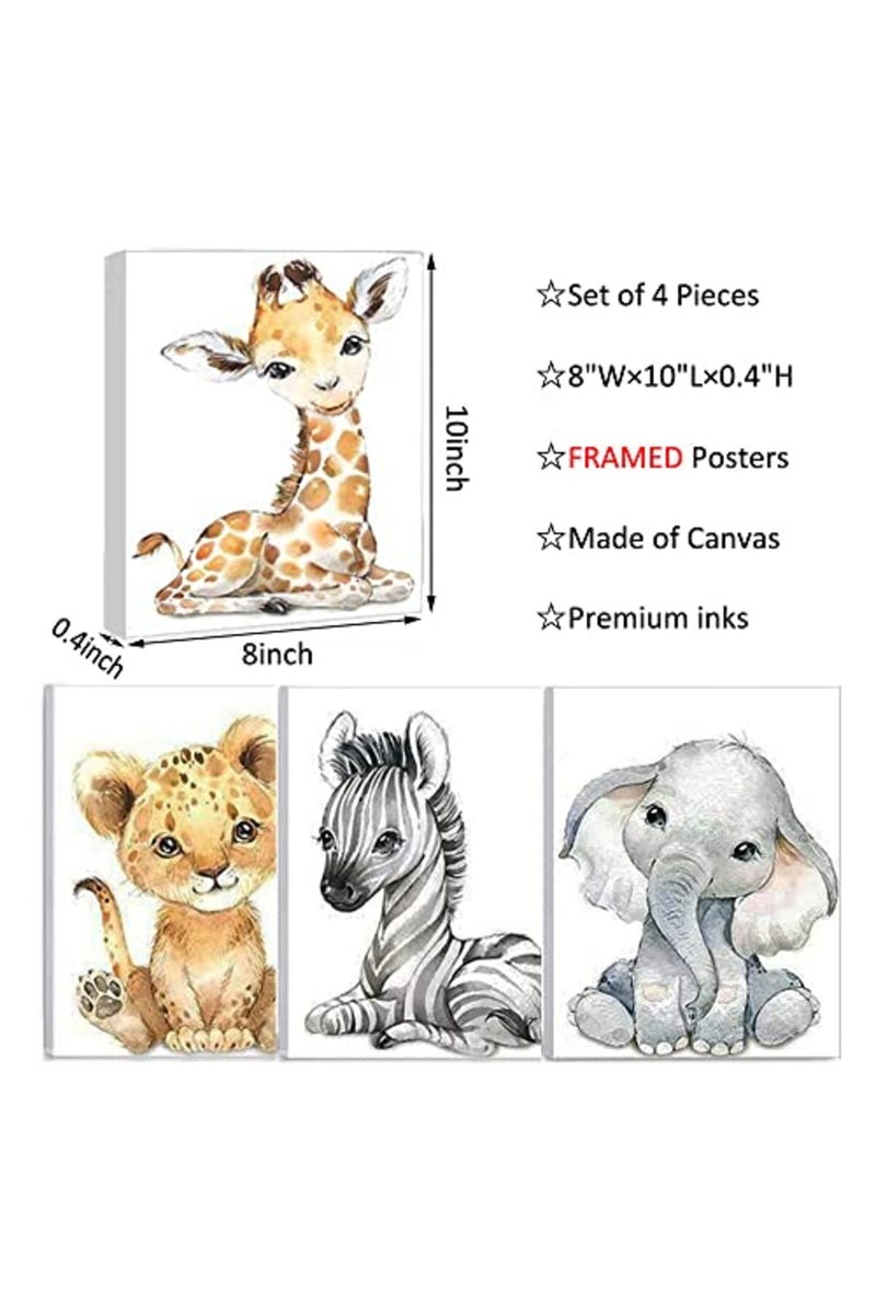 Kiddale Safari Animals Nursery Decor, Pack of 4 | 8"x10", Framed Watercolor Jungle Baby Animals Bedroom Wall Art, Tropical Animal Canvas Print Posters for Living Room Boys Girls Bedroom Nursery Decorations - Image 5
