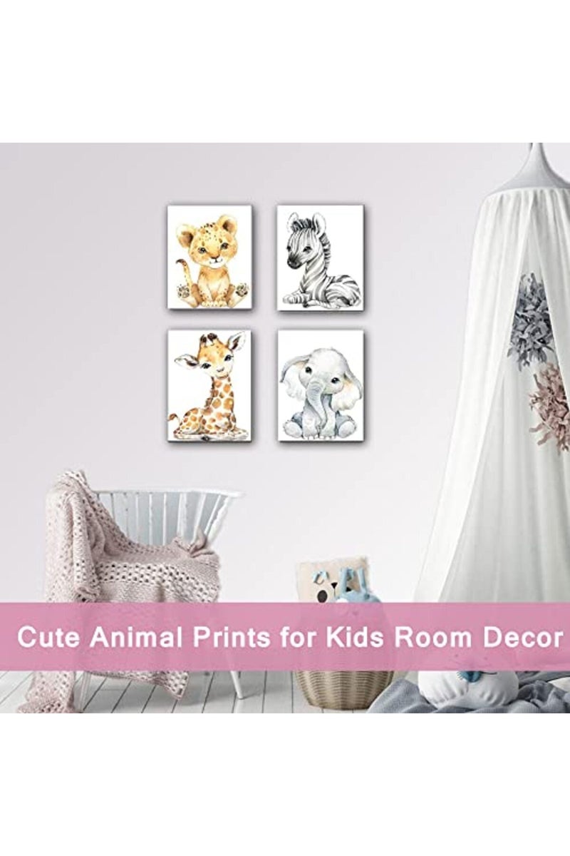 Kiddale Safari Animals Nursery Decor, Pack of 4 | 8"x10", Framed Watercolor Jungle Baby Animals Bedroom Wall Art, Tropical Animal Canvas Print Posters for Living Room Boys Girls Bedroom Nursery Decorations - Image 3