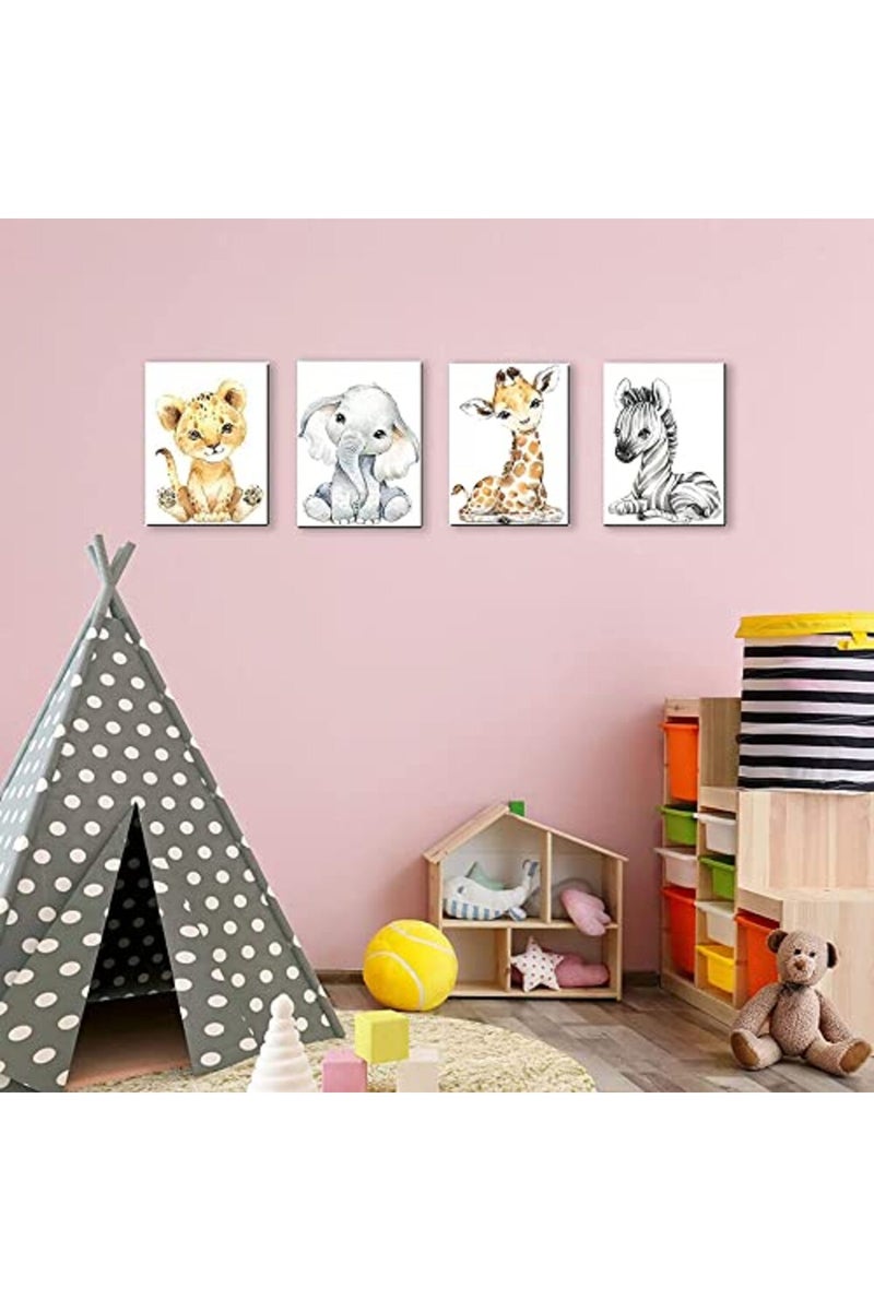 Kiddale Safari Animals Nursery Decor, Pack of 4 | 8"x10", Framed Watercolor Jungle Baby Animals Bedroom Wall Art, Tropical Animal Canvas Print Posters for Living Room Boys Girls Bedroom Nursery Decorations - Image 4